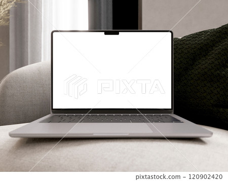 A laptop mockup placed in a home interior setting. 3D render 120902420