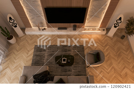 A TV mockup displayed in a modern, cozy living room. 3D render 120902421