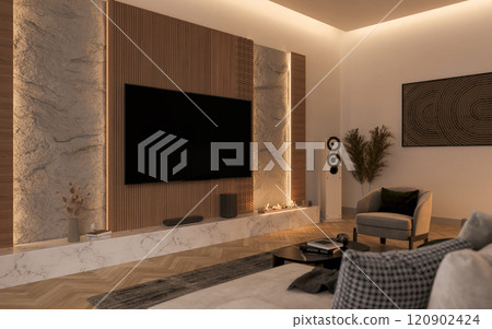 A TV mockup displayed in a modern, cozy living room. 3D render 120902424