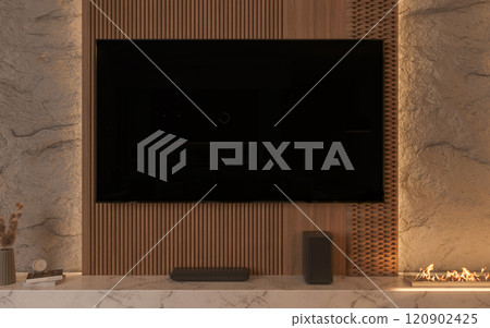 A TV mockup displayed in a modern, cozy living room. 3D render 120902425