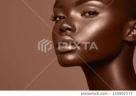 Mocha mousse brown highlighter glistens on a cheek of woman model with a rich beige background 120902575