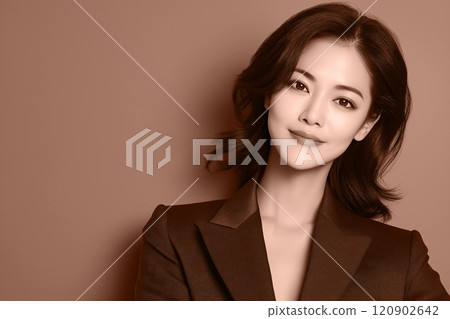 Mocha mousse brown portrait of a woman with sleek hair in a contemporary setting. Modern trendy tone hue shade 120902642