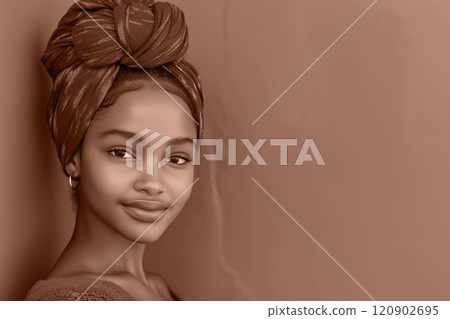Confident portrait of African woman with mocha mousse brown hair against beige wall with copy space. Modern trendy tone hue shade 120902695