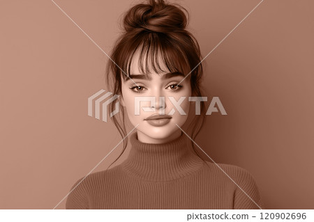 Confident portrait of a woman with mocha mousse brown hair against a beige backdrop. Modern trendy tone hue shade 120902696