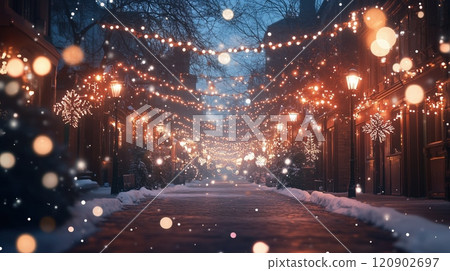 Christmas Winter background. Scandinavian Xmas street snowy decorated with garland lights, holiday festive New Year art design. Panorama view of winter city street banner 120902697