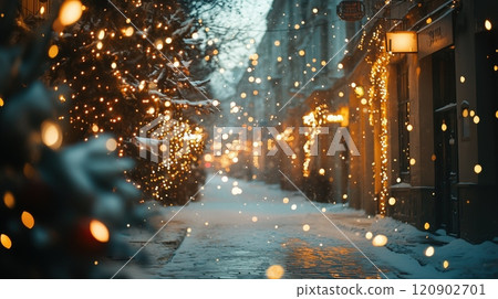 Snowy Winter street with a city street garland lights. Christmas decorated holiday festive New Year art design creating a warm and cozy atmosphere. Panorama banner 120902701