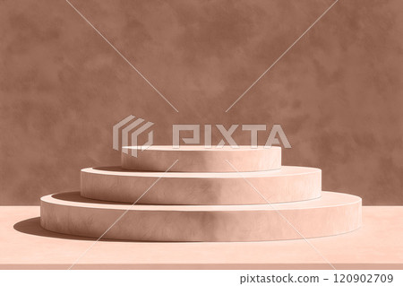 Mocha mousse beige podium with circular tiers on a flat surface in contemporary design. Modern trendy tone hue shade Mocha mousse beige podium with circular tiers on a flat surface in contemporary design. Modern trendy tone hue shade 120902709