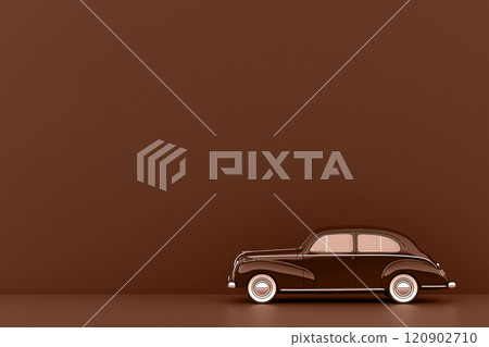 Minimalist mocha mousse brown toy car on a smooth surface in soft lighting. Modern trendy tone hue shade 120902710