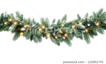 Christmas border frame with fir tree branches, ornaments, garland and pine cones. Winter holiday panorama banner on transparent 120902745