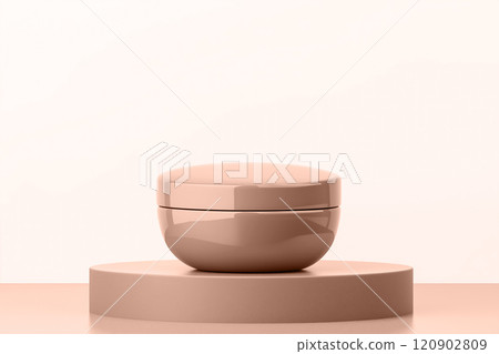 Mocha mousse beige cream jar showcases smooth texture on minimalist platform stage podium. Modern trendy tone hue shade 120902809