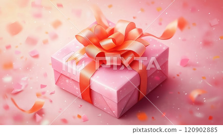 Illustration of pink gift box with bright orange bow and ribbon placed on pink background near confetti. Concept of holiday or birthday. Panorama banner format 120902885