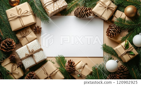 Christmas gift boxes on table background with bunch of gold balls and pine cones, copy space. Scandinavian cozy panorama banner format Christmas gift boxes on table background with bunch of gold balls and pine cones, copy space. Scandinavian cozy panorama banner format 120902925