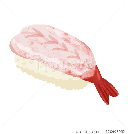 One piece of sweet shrimp sushi, watercolor-style hand-drawn illustration 120902962