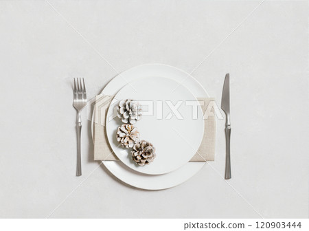 Table setting with silverware, napkin, cones and white plate on white background. Christmas or New Year dinner. Copy space. Top view, flat lay. Table setting with silverware, napkin, cones and white plate on white background. Christmas or New Year dinner. Copy space. Top view, flat lay. 120903444