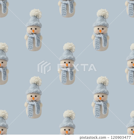 Seamless pattern with a happy toy snowman on blue background. Christmas decorations. Happy new year. Seamless pattern with a happy toy snowman on blue background. Christmas decorations. Happy new year. 120903477