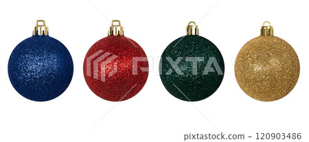 Christmas set of shiny bauble isolated on white background. Blue, red, green and golden festive decorations. Banner. Christmas set of shiny bauble isolated on white background. Blue, red, green and golden festive decorations. Banner. 120903486
