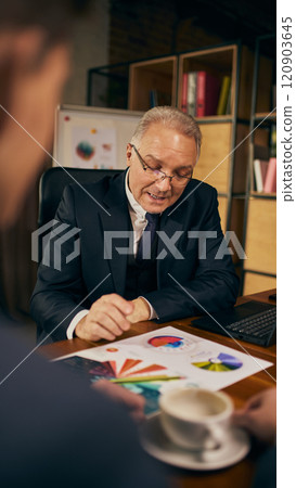 A senior businessman explaining financial charts during professional meeting. Laptop and documents create focused corporate scene. A senior businessman explaining financial charts during professional meeting. Laptop and documents create focused corporate scene. 120903645