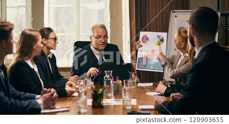 Business team closely analyzing charts and data presented by female colleague during formal meeting. Senior Leader attentively listening. 120903655