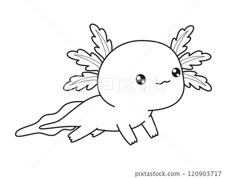 Outline Little cartoon Axolotl. Line drawing, coloring book. Vector illustration. Kids collection. 120903717