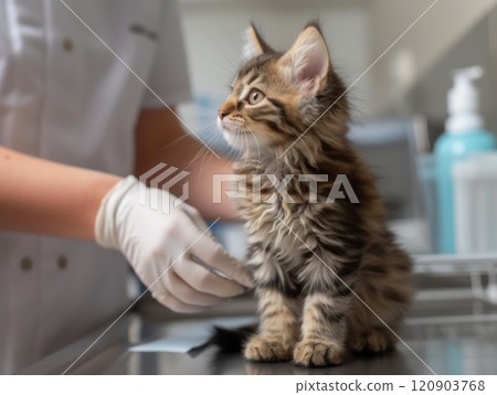 Veterinarian examining health of small kitten, pet vaccination and healthcare 120903768