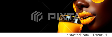 African-American Woman with Yellow Makeup Drinking Orange Juice - Generative Ai African-American Woman with Yellow Makeup Drinking Orange Juice - Generative Ai 120903910