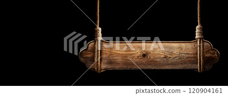 Blank Wooden Sign Hanging with Ropes Isolated on Black Background - Generative Ai 120904161