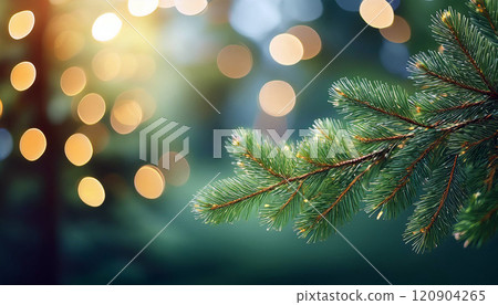 Fir tree branch with blur bokeh background for Christmas holiday copy space, generative ai 120904265