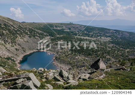 Summer day in low mountains. Stone hillsides, evergreen conifers, rocks in distance and emerald colored lake. 120904346