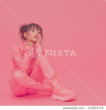 一件粉紅色皮夾克的可愛女孩 一件粉紅色皮夾克的可愛女孩 120904376