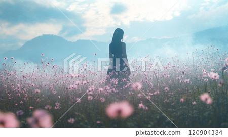 A woman standing in a large flower field A woman standing in a large flower field 120904384