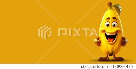 Cartoon Character of a Smiling Banana Fruit on Yellow Background with Copy Space - Generative Ai Cartoon Character of a Smiling Banana Fruit on Yellow Background with Copy Space - Generative Ai 120904450