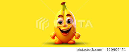 Cartoon Character of a Smiling Banana Fruit on Yellow Background with Copy Space - Generative Ai 120904451