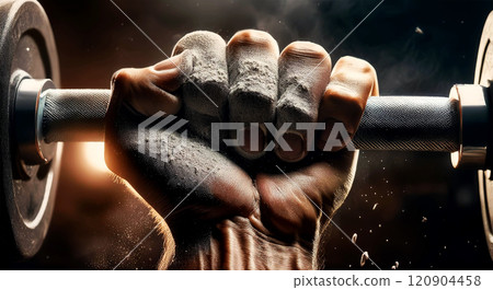 Bodybuilder Hand Holding a Weightlifting Bar with Chalk Dust - Generative Ai 120904458