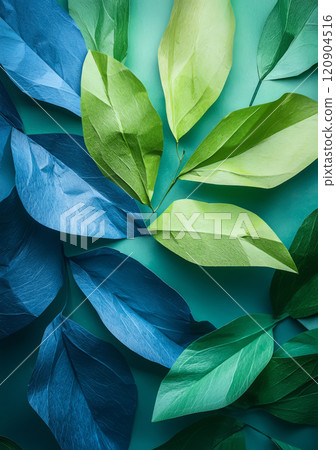 Background made of tinted paper with a nature motif, earthy green and blue tones. 120904516
