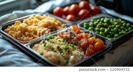 A meal tray with fresh food, neatly wrapped in sterile packaging, on a hospital 120904532