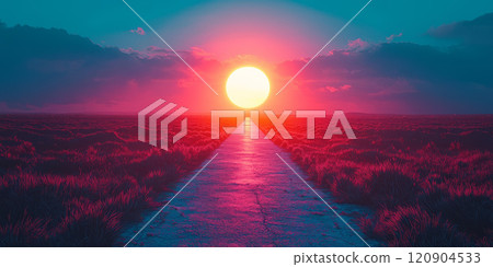 A straight road stretching toward a glowing horizon, representing journeys and goals. 120904533