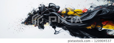 Black and colored ink splashes arranged in a spiraling flow. 120904537