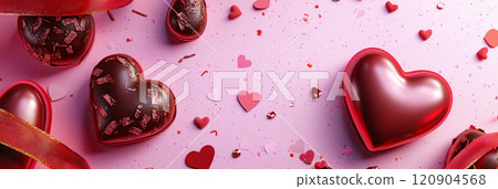 Valentines Day cards, wrapped gifts, and heart-shaped chocolates on a pink background. 120904568