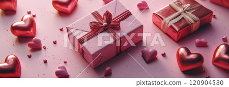 Valentines Day cards, wrapped gifts, and heart-shaped chocolates on a pink background. 120904580