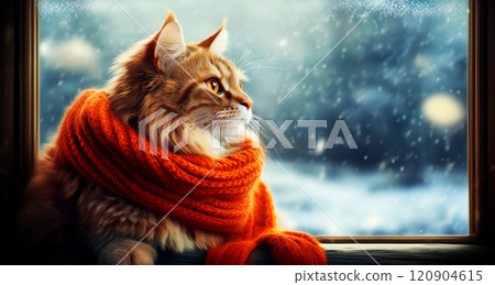 Cat Wrapped in a Warm Scarf While Looking at the Winter Landscape Outside the Window - Generative Ai Cat Wrapped in a Warm Scarf While Looking at the Winter Landscape Outside the Window - Generative Ai 120904615