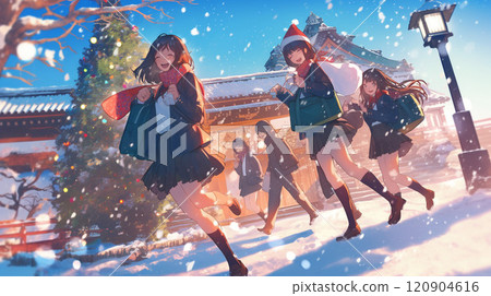 High school girls playing at a shrine on a snowy day High school girls playing at a shrine on a snowy day 120904616