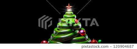 Close-up of a Green Snake in the Shape of a Christmas Tree Isolated on a Black Background - Generative Ai 120904687