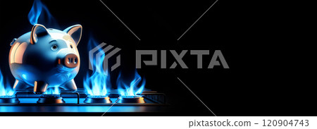Close-up of a Piggy Bank Above a Kitchen Stove with Blue Flames Burning - Generative Ai Close-up of a Piggy Bank Above a Kitchen Stove with Blue Flames Burning - Generative Ai 120904743