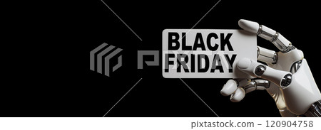 Close-up of a Humanoid Robot Hand Holding a Black Friday Sign - Generative Ai 120904758