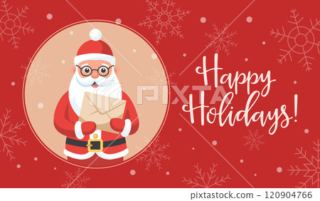 Cute Santa Claus with a letter in his hand on a background of snowflakes. Christmas and New Year greeting card. Flat style illustration. Cute Santa Claus with a letter in his hand on a background of snowflakes. Christmas and New Year greeting card. Flat style illustration. 120904766
