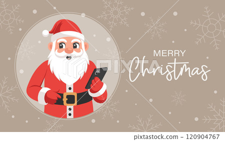 Cute Santa Claus with a smartphone in his hand on a background of snowflakes. Christmas and New Year greeting card. Flat style illustration. 120904767