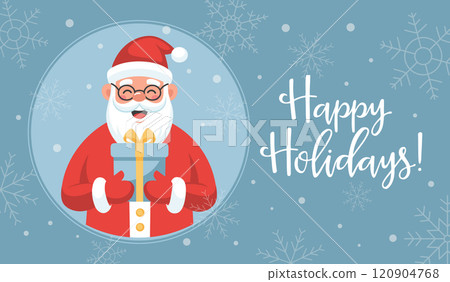 Cute Santa Claus with a gift box in his hands on a background of snowflakes. Christmas and New Year greeting card. Flat style illustration. Cute Santa Claus with a gift box in his hands on a background of snowflakes. Christmas and New Year greeting card. Flat style illustration. 120904768