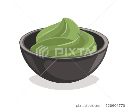 Wasabi sauce in black bowl. Pickled ginger in plate, horseradish, mustard for sushi asian cuisine. Illustration 120904770