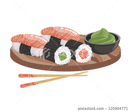 Sushi and rolls with wasabi sauce on a wooden tray. Asian cuisine. Illustration Sushi and rolls with wasabi sauce on a wooden tray. Asian cuisine. Illustration 120904771