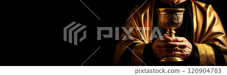 Close-up of Hands of a Priest Holding a Golden Chalice on Black Background - Generative Ai 120904783